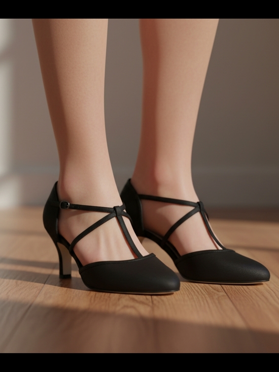 Jessica Black T-Strap Mid Heel Pumps - Picture 2 of 8